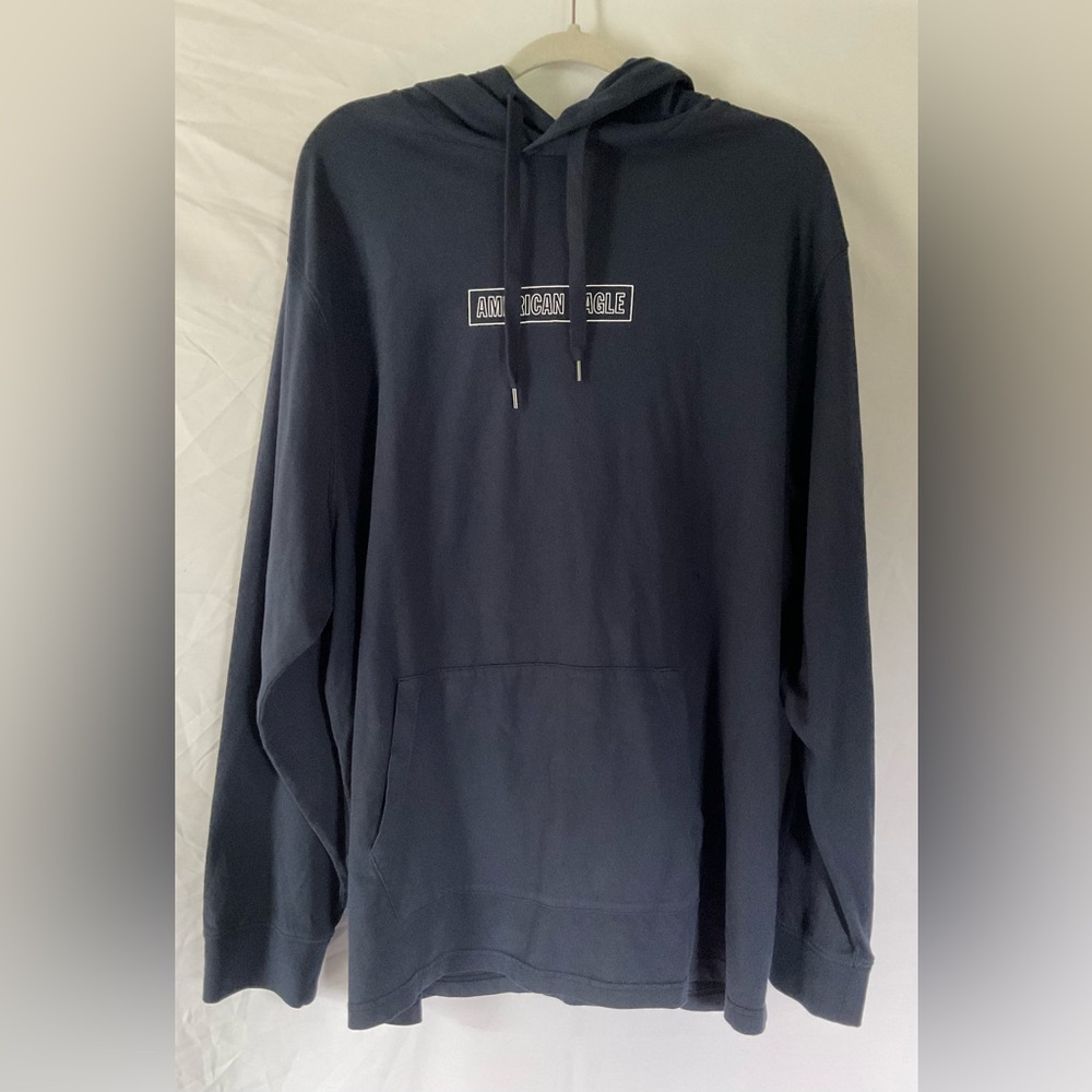 American Eagle 2X Hooded Shirt wide pouch pocket navy w/ white outline on chest